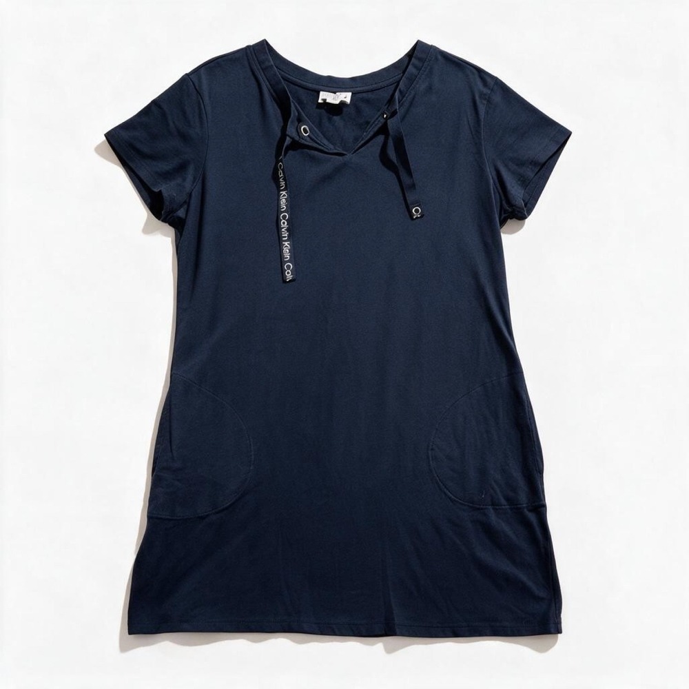 Calvin Klein Womens XL Navy Blue Tie Neck T-Shirt Dress Casual Minimalist